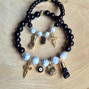 El Camino De Santiago Bracelet, St James Cross, Scallop, Saint James Way, Compostela Spain, Cruz de Santiago, Authentic Jet Stone, Azabache