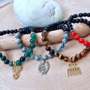 Adinkra Gemstone Bracelet, Akan Charm Bracelet, Gye Nyame, Sankofa, Adinkra Aphorism, Tiger Eye, Black Onyx, Adinkra Charm, Silver + Gold