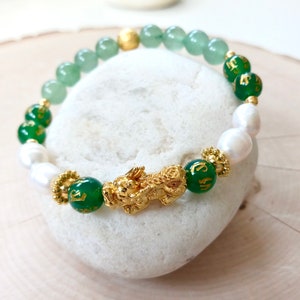 Aventurine Pixiu Bracelet, Green Agate, Freshwater Pearl, Om Mantra Bead, Chinese Pi Yao Dragon, Attract Luck, Power & Wealth, Feng Shui