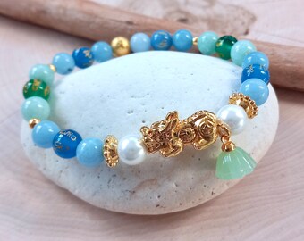 Pixiu Power Bracelet, Feng Shui, Lucky Chinese Pi Xiu, Jade Gemstones, Gold Wealth Dragon, Asian Amulet, Carved Mantra Prayer Bead, Pearl