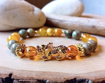 Pixiu Bracelet, Feng Shui Bracelet, Piyao Power Dragon Bracelet, Yellow Gold Agate, Citrine, Good Luck, Protection, Wealth & Prosperity