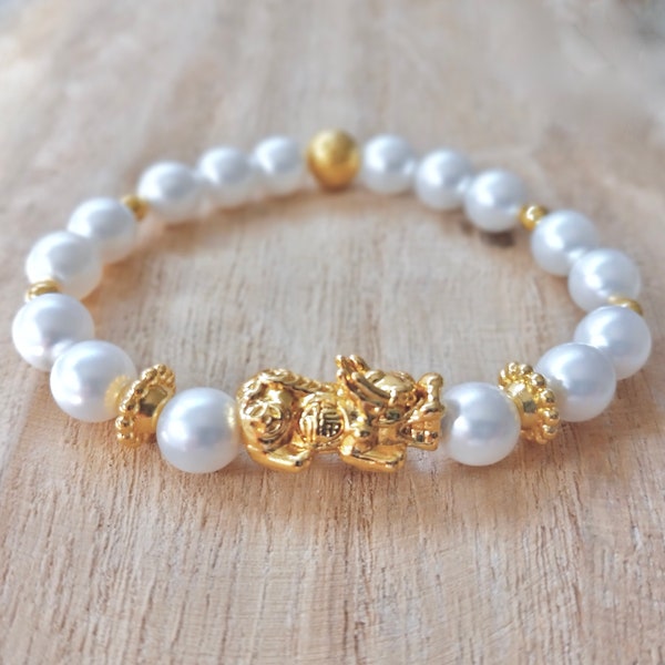 Pixiu Bracelet, White Pearl, Gold Pi Xiu, 24K Chinese Dragon, Feng Shui, Attract Luck, Money, Wealth, Stretch Bead