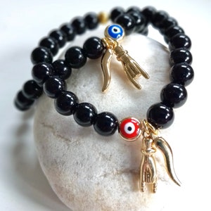 Italian Protection Bracelet, Evil Eye Charm, Devil&#39;s Horns, Mano Cornuto, Good Luck Jewelry, Malocchio, Black Onyx, Gold Horn, Stretch