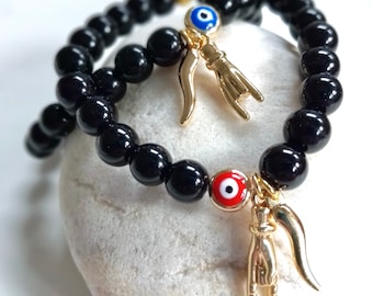 Italian Protection Bracelet, Evil Eye Charm, Devil&#39;s Horns, Mano Cornuto, Good Luck Jewelry, Malocchio, Black Onyx, Gold Horn, Stretch