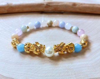 Morganite Pixiu Bracelet, Gold Feng Shui Dragon, Double Piyao, White Pearl, Gemstone, Prosperity, Luck & Wealth Attraction, Feminine Style