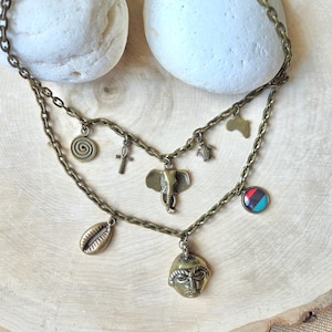 Pan Africa Necklace, Diaspora Necklace, Bronze Cowrie, Ankh, Akuaba, Akwaba, Bronze Chain, Ghana Symbols, Tribal Inspired, African Continent