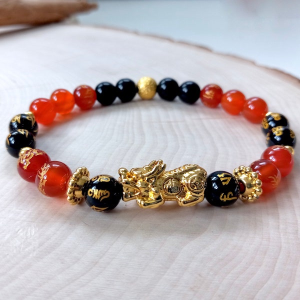 Chinese Pixiu Bracelet, Red Agate and Black Obsidian Bead, Feng Shui Gemstones, 24K Gold Plated Dragon, Attract Wealth, Prosperity & Chi