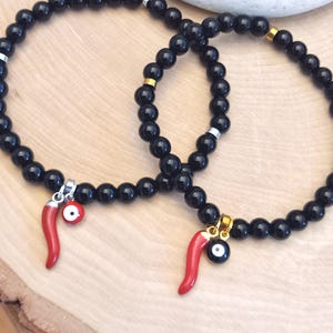 Red Horn Bracelet, Italian Cornicello Charm Bracelet, Protection Bracelet, Evil Eye Bracelet, Buona Fortuna, Cornuto, Cornetto, Black Onyx