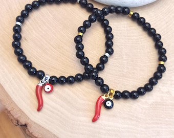 Red Horn Bracelet, Italian Cornicello Charm Bracelet, Protection Bracelet, Evil Eye Bracelet, Buona Fortuna, Cornuto, Cornetto, Black Onyx