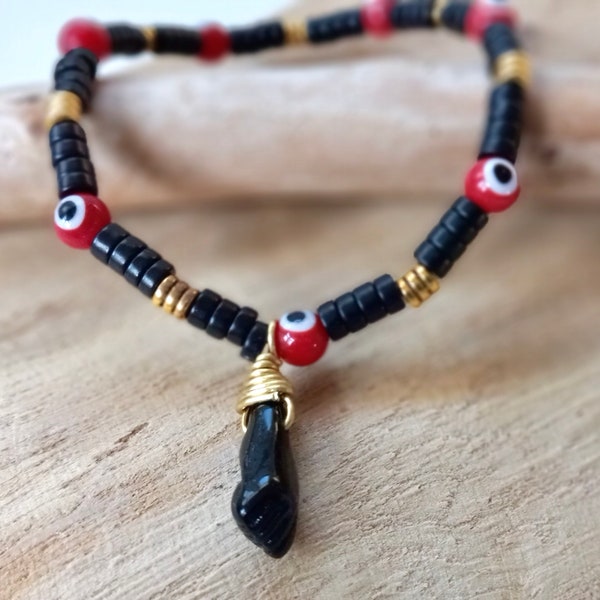 Spanish Azabache Bracelet, Figa Hand, Mal De Ojo, Red Evil Eye, Baby Jewelry, Gold Wire Wrap, Buena Suerte, Pulsera Mano