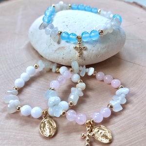 Miraculous Medal Bracelet, Gold Cross, Blessed Mother Mary, Catholic Baptism, Communion, Pink Rose Quartz, Baby Blue, Child&#39;s Christening