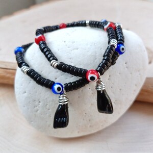 Spanish Azabache Bracelet, Black Hand Charm, Silver, Mal De Ojo de Proteccion, Red, Black or Blue Evil Eye, Buena Suerte, Pulsera Mano Negra