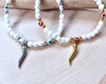 Slim Italian Horn Bracelets, White Jade Gemstones, Evil Eye Beads, Cornicello Horn in Gold or Silver, Mini Blue & Red Malocchio