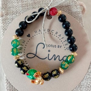 Turtle Pixiu Bracelet, Feng Shui Bracelet, Matte Gold Pixiu Dragon, Green Jade Gemstones, Black Obsidian Bead, Courage, Strength, Fertility