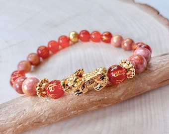 Pixiu Bracelet with Red Orange Agate & Pink Jade, 24K Gold Plated Pixiu Dragon, Natural Gemstones, Feng Shui Jewelry, Mantra Bead Accents