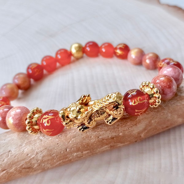 Pixiu Bracelet with Red Orange Agate & Pink Jade, 24K Gold Plated Pixiu Dragon, Natural Gemstones, Feng Shui Jewelry, Mantra Bead Accents