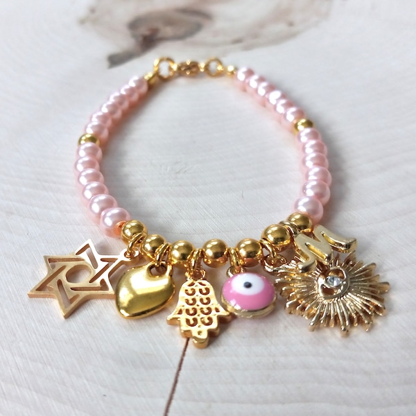New Baby Girl Bracelet, Zeved Habat, Pink Pearls, Baby Naming, Judaica, Hebrew Charms, Hanukkah, Simchat Bat, Lobster Claw, Adult Sizes Too!