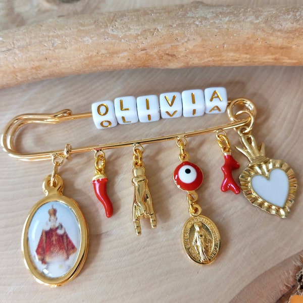 Italian Crib Pin, Protection Charm, Red Horn, Evil Eye, Mano Cornuto, Santo Bambino, Czech, Infant Jesus Prague, Holy Child Stroller Pin