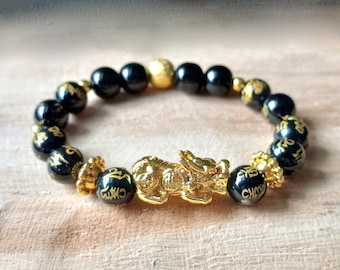 Black Pixiu Bracelet, Chinese Dragon, Obsidian, To Attract Wealth, Good Fortune, Luck, Traditional Design, Om Mani Padme Hum Mantra Bead