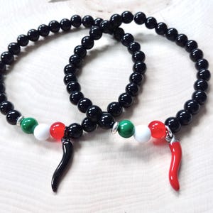 Slim Black Horn Bracelet, Black Onyx Cornicello Bracelet, Cornetto Bracelet, Buona Fortuna, Protection, Red Italian Horn, Italian Flag Bead