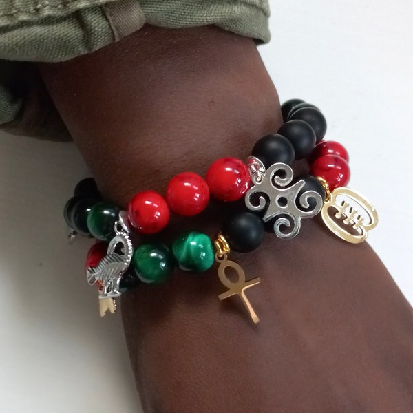 Africa Charm Bracelet, Adinkra Charms, Akan Symbols, Pan Africa Flag, African Nationalist, Red, Black, Green Colors