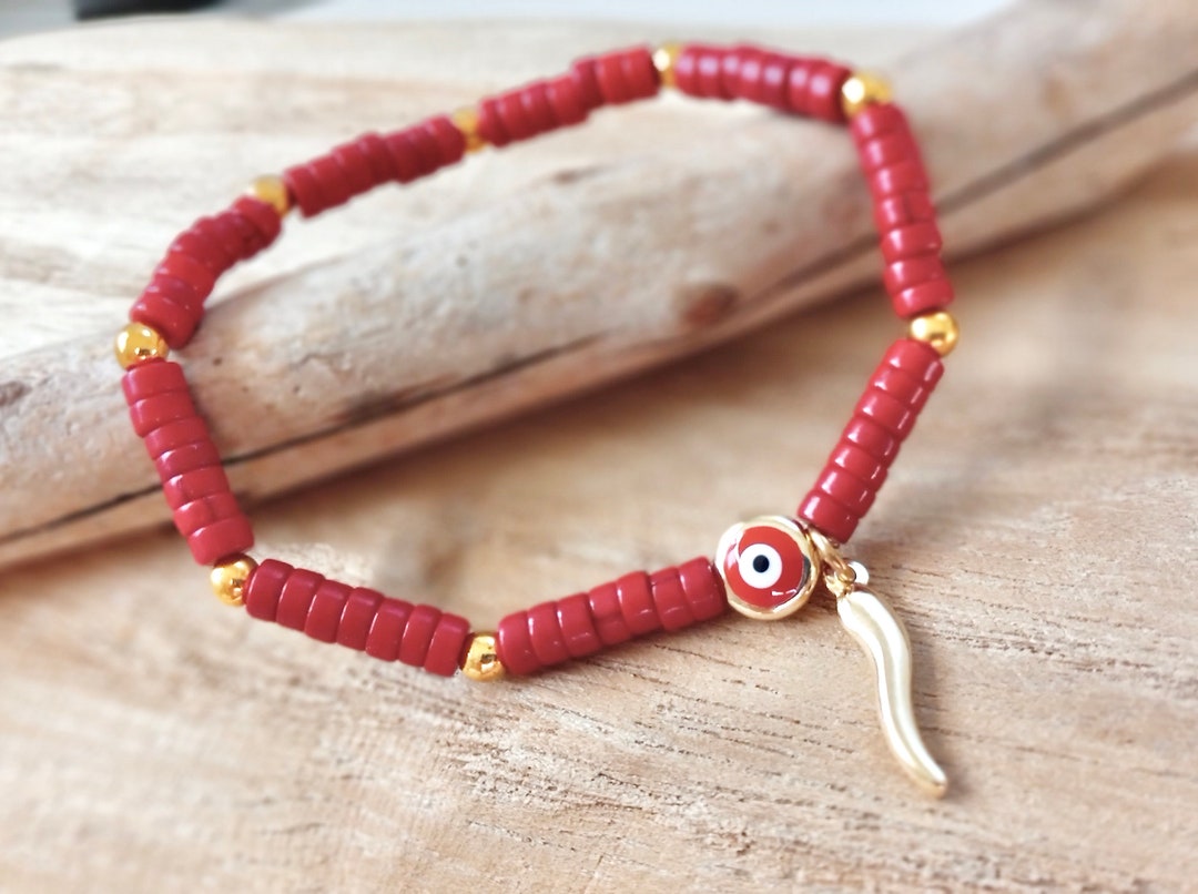 Red Italian Horn Bracelet, Gold Cornicello, Cornuto, Evil Eye