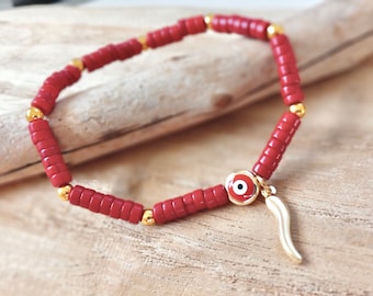 Red Italian Horn Bracelet, Gold Cornicello, Cornetto, Cornuto, Evil Eye, Malocchio, Gifts For Her, Italian Luck and Protection