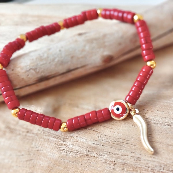 Red Italian Horn Bracelet, Gold Cornicello, Cornetto, Cornuto, Evil Eye, Malocchio, Gifts For Her, Italian Luck and Protection