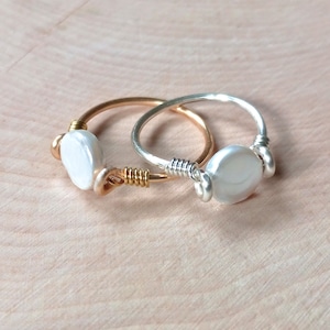 Freshwater Coin Pearl Ring, Silver or Gold Band, Pearl Coin, Natural Cultured Pearl, Flat Shape, Handmade Wire Wrap, All Sizes Made To Order