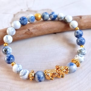 Pixiu Power Bracelet, Blue Sodalite Bracelet, Feng Shui Bracelet, Protection Bracelet, Lucky Chinese Dragon, Gold Pi Yao, Howlite, Wealth