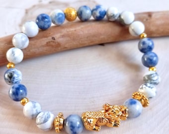 Pixiu Power Bracelet, Blue Sodalite Bracelet, Feng Shui Bracelet, Protection Bracelet, Lucky Chinese Dragon, Gold Pi Yao, Howlite, Wealth
