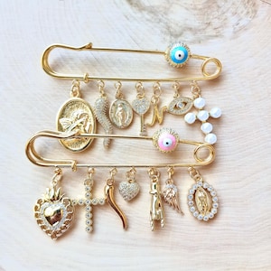 Personalized Baby Pin, Gold Saint Medal, Nursery Pin, Catholic, Choose Your Charm, Cornicello, Cross, Pink or Blue Evil Eye, Baby Protection