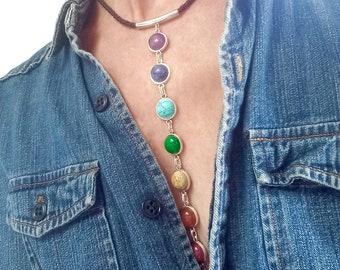 Chakra Gemstone Necklace, Long Boho Lariat, Natural Stone Healing Crystal, Chakra Pendants