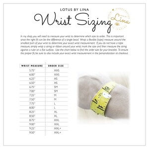 May include: A chart showing wrist measurements in inches and corresponding bracelet sizes, from XXS to XXL+. A yellow measuring tape is wrapped around a wrist to illustrate how to measure.