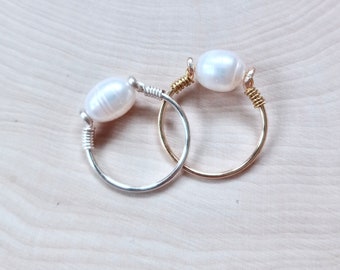 Pearl Statement Ring, Silver or Gold Band, Chunky Pearl Ring, Natural Freshwater Pearl, Handmade Wire Wrap, All Sizes