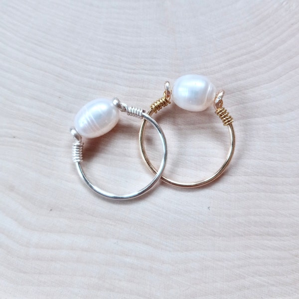 Pearl Statement Ring, Silver or Gold Band, Chunky Pearl Ring, Natural Freshwater Pearl, Handmade Wire Wrap, All Sizes