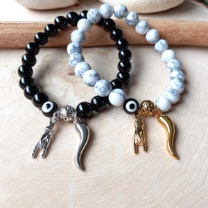 Italian Horn Charm Bracelet, Devil&#39;s Hand Charm Bracelet, Men&#39;s Silver Cornicello Bracelet, Mano Cornuto, Evil Eye Protection, Malocchio