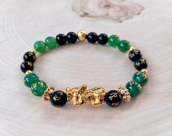Feng Shui Bracelet, Pixiu Dragon Bracelet, Green Jade Power Bracelet, Om Mantra Bead, Carved Black Obsidian, Wealth, Good Luck, Protection