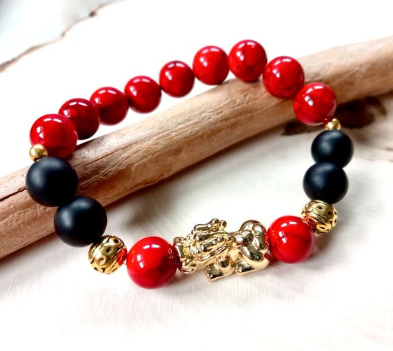 Onyx and Wealth, Gold Turquoise Etsy - Luck Prosperity Shui Beaded, Red Attract Dragon, Qi Bracelet, Cai Feng Piyao, Pixiu