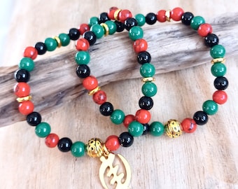 Africa Gemstone Bracelet, Infant Jewelry, Gye Nyame Pendant, Pan African, African Diaspora, Rasta Baby Gifts, Nationalist Colors