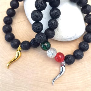 Black Lava Italian Horn Bracelet, Cornicello Bracelet, Italian Gifts, Italy Flag Beads, Silver Cornetto Bracelet, Gold Horn Charm Bracelet