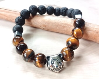 Bear Head Bracelet, Animal Spirit Bracelet, Bear Totem Head Bracelet, Black Lava & Tiger Eye, Men's Stretch Bead, Kodiak Protector Bracelet
