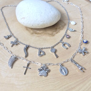 May include: Two silver necklaces with multiple charms, including a heart, key, horseshoe, paw print, cross, dragonfly, and a chili pepper. The charms are all silver and have a sparkly finish.
