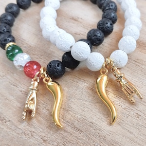 Italian Horn Charm Bracelet, Horned Hand Charm, Mano Cornuto, Gold Cornicello, Good Luck, Devils Horn, Black or White Lava Stone, Italy Flag