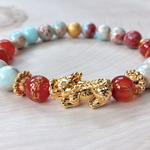 Feng Shui Bracelet, Pi Xiu Bracelet, Imperial Jasper & Red Agate Gemstones, 24K Gold Plated Dragon, Attract Wealth, Prosperity, Luck, Wealth