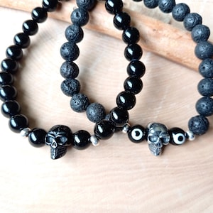 Skull Bracelet, Black Skull Bead, Evil Eye Bracelet, Black Onyx Gemstone, Lava Stone, Masculine, Goth, Biker, Heavy Metal, Protection, Power