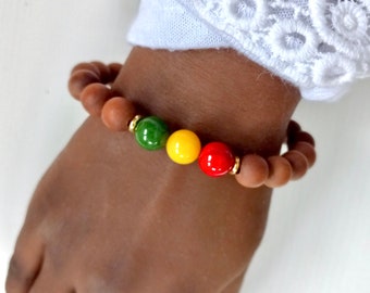 Wood Bead Bracelet in Pan African Flag Colors, Afro Caribbean Jewelry, Afrocentric Stretch Bead, Jujube Wood with Gemstones