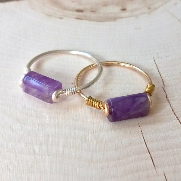 Amethyst Gemstone Ring, Emotional Balance, Statement Rings, Stress Relief, Silver or Gold Bands, Handmade Wire Design, All Unisex Sizes