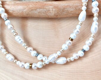 Freshwater Pearl Necklace, Pearls for Men, Beaded Pearls, Mixed Color Glass Pearls and Lobster Clasp with Gold or Silver Hematite