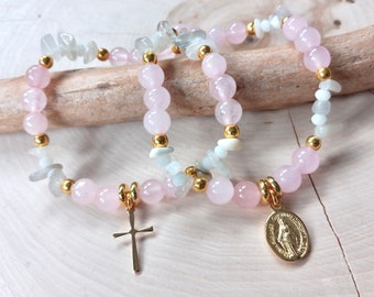 Miraculous Medal Bracelet, Gold Cross Bracelet, Blessed Mother, Virgin Mary, Baptism, Communion, Pink Rose Quartz, Stretch